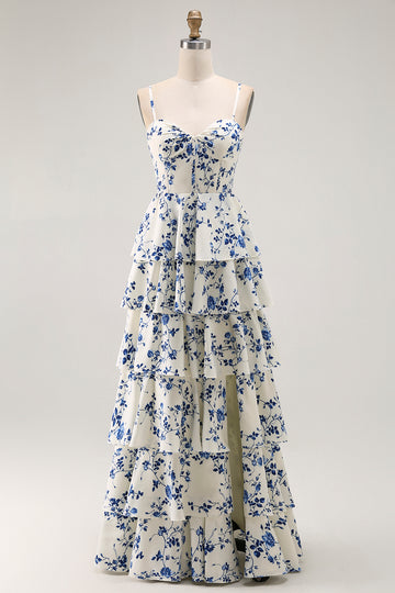Blue Floral A Line Tiered Ruffled Long  Prom Dress with Slit